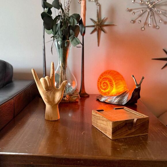 Carved Wooden Sign Language I Love You Hand Gesture Statue 7.75 Inches High - Picture 6 of 9